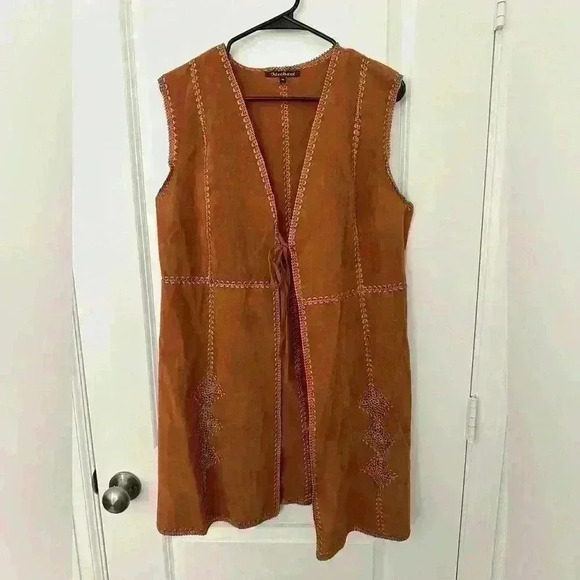 Mechant Womens Embroidered Vest Size M Brown Sleeveless Tie Front Mid Length - Picture 1 of 12